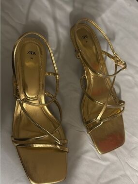 Zara Metallic Gold Strappy Heeled Sandals